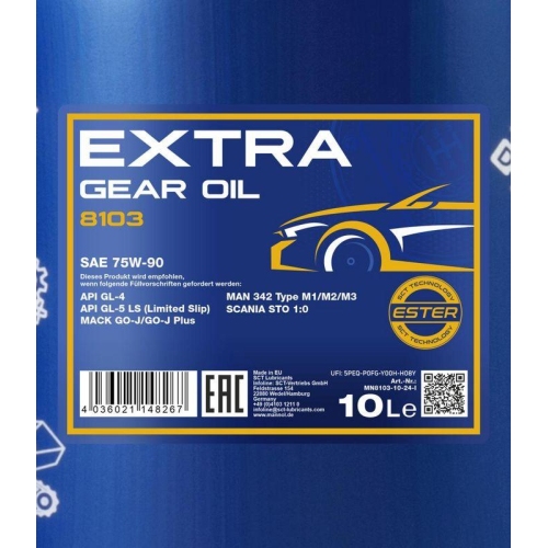 Mannol Extra Gear Oil Getriebe&ouml;l 75W-90 GL-4/GL-5 LS 10 Liter Kanister MN8103-10