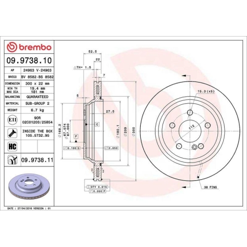 BREMBO Bremsscheibe PRIME LINE - UV Coated 09.9738.11