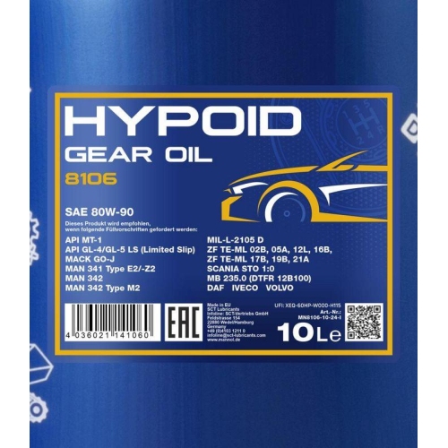 Mannol Hypoid Gear Oil Getriebe&ouml;l 80W-90 GL-4/GL-5 LS 10Liter Kanister MN8106-10