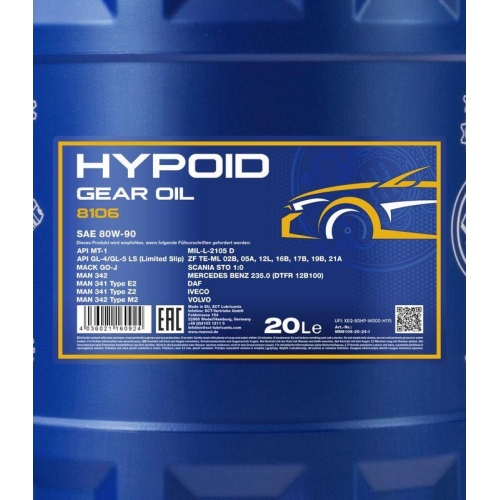 Mannol Hypoid Gear Oil Getriebe&ouml;l 80W-90 GL-4/GL-5 LS 20Liter Kanister MN8106-20