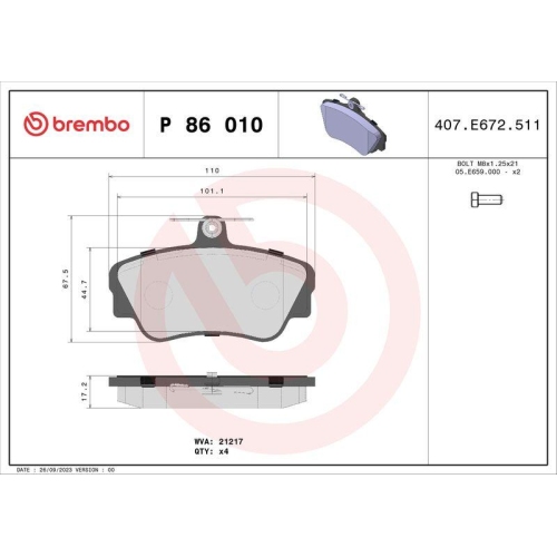 BREMBO Bremsbelagsatz, Scheibenbremse PRIME LINE P 86 010