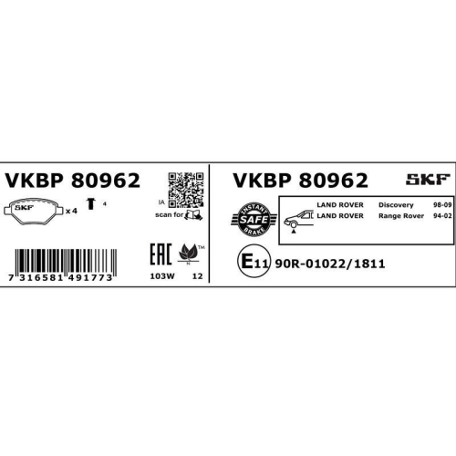 SKF Bremsbelagsatz, Scheibenbremse VKBP 80962