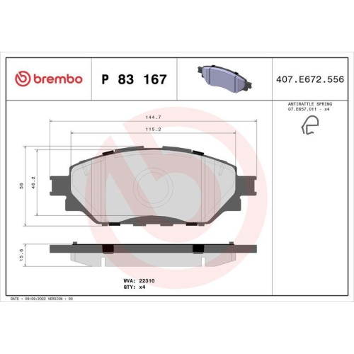 BREMBO Bremsbelagsatz, Scheibenbremse PRIME LINE P 83 167