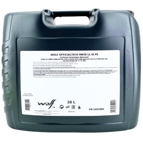 Motor&ouml;l Motoren&ouml;l Wolf OfficialTech 0W-30 LL III FE 20 Liter Kanister 1051684