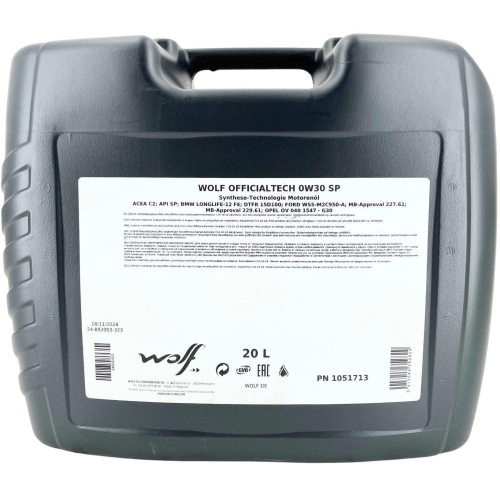 Motor&ouml;l Motoren&ouml;l Wolf OfficialTech 0W-30 SP 20 Liter Kanister 1051713