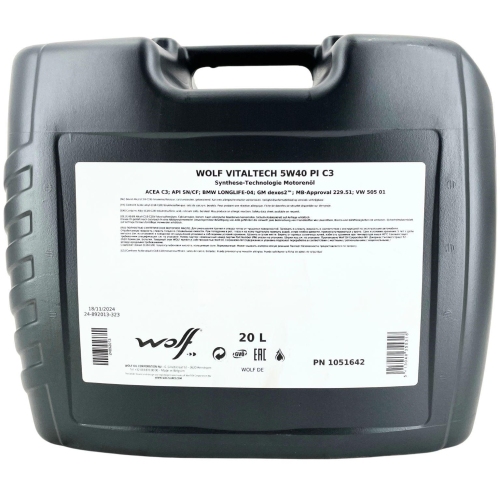 Motor&ouml;l Motoren&ouml;l Wolf VitalTech 5W-40 PI C3 20 Liter Kanister 1051642