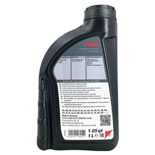 Motor&ouml;l Motoren&ouml;l Fuchs Titan Supersyn Longlife 0W-40 1 Liter 602184658
