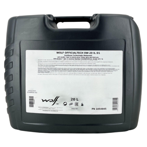 Motor&ouml;l Motoren&ouml;l Wolf OfficialTech 0W-20 IL D1 20 Liter Kanister 1054845