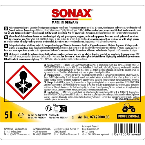 SONAX AGRAR FettLöser lösemittelhaltig 5 Liter Fett löser Trecker Landwirtschaft