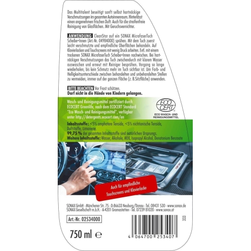SONAX 750ml Cleanstar Ecocert Reiniger Innenraum Scheibe Polster KFZ Auto