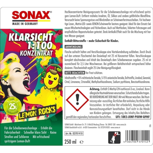 SONAX 250ml KLARSICHT 1:100 KONZENTRAT LEMON ROCKS SCHEIBENREINIGER WISCHWASSER
