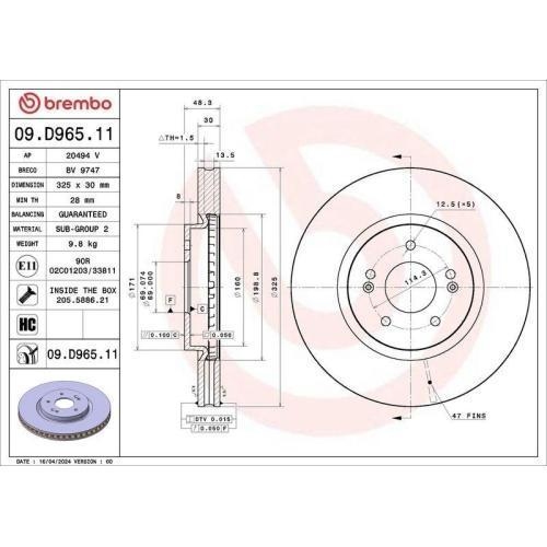 B-Ware Bremsscheibe BREMBO 09D96511 Vorderachse passend f&uuml;r HYUNDAI Tucson