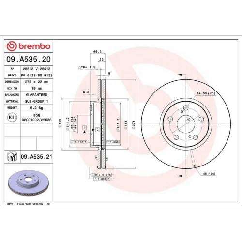 BREMBO Bremsscheibe PRIME LINE - UV Coated 09.A535.21