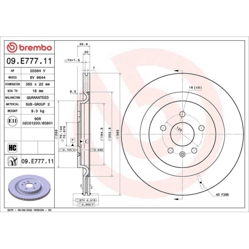 BREMBO Bremsscheibe PRIME LINE - UV Coated 09.E777.11