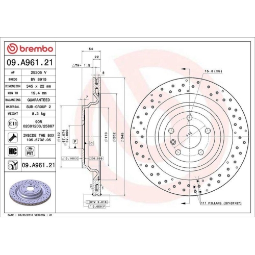 BREMBO Bremsscheibe PRIME LINE - UV Coated 09.A961.21