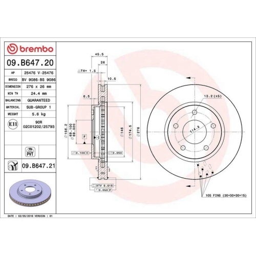 BREMBO Bremsscheibe PRIME LINE - UV Coated 09.B647.21