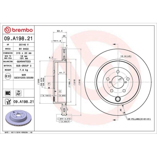 BREMBO Bremsscheibe PRIME LINE - UV Coated 09.A198.21