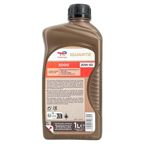 Motor&ouml;l Motoren&ouml;l Total Quartz 5000 20W-50 1 Liter Flasche 213737