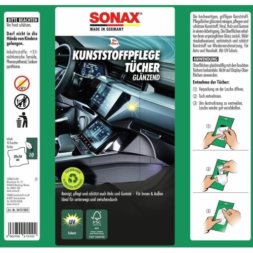 SONAX KunststoffPflegeT&uuml;cher gl&auml;nzend Pflegetuch, 10 stk. 04151000
