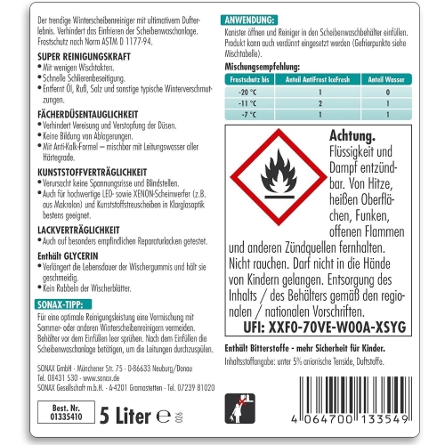 SONAX AntiFrost & KlarSicht bis -20°C Ice Fresh Scheibenreiniger Frostschutz 5L