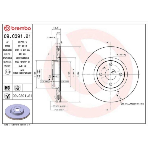 BREMBO Bremsscheibe PRIME LINE - UV Coated 09.C391.21
