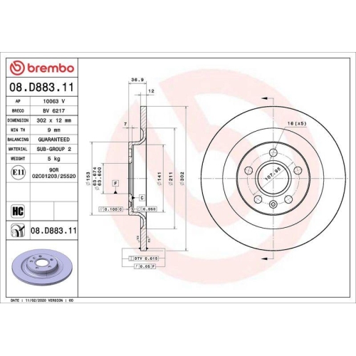 BREMBO Bremsscheibe PRIME LINE - UV Coated 08.D883.11