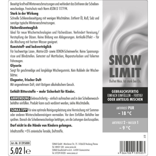 SONAX Frostschutz, Scheibenwaschanlage AntiFrost+KlarSicht bis -18 &deg;C Snow Limit 01395000