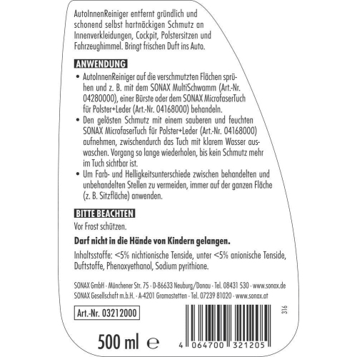 SONAX AutoInnenReiniger, 500 ml 03212000