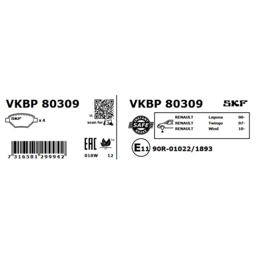 SKF Vertevo Bremsbelagsatz, Scheibenbremse VKBP 80309