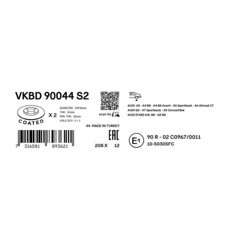 BremsscheibeSKF VKBD 90044 S2 passend für AUDI