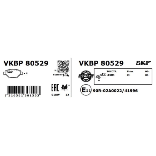 SKF Vertevo Bremsbelagsatz, Scheibenbremse VKBP 80529