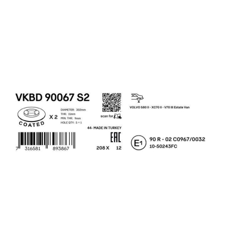BremsscheibeSKF VKBD 90067 S2 passend f&uuml;r VOLVO