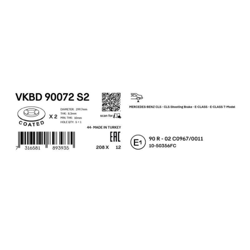 BremsscheibeSKF VKBD 90072 S2 passend für MERCEDES-BENZ