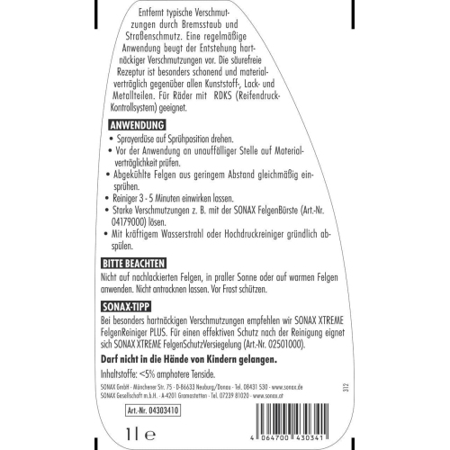 Sonax Felgenreiniger 1 Liter Sprühflasche - Art.Nr. 04303410