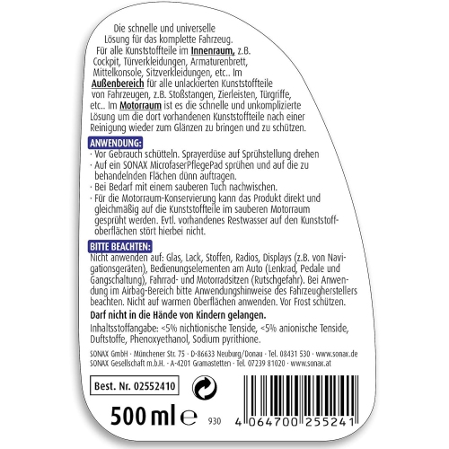 SONAX XTREME KunststoffDetailer Innen+Au&szlig;en, Pflegemittel 500 ml 02552410