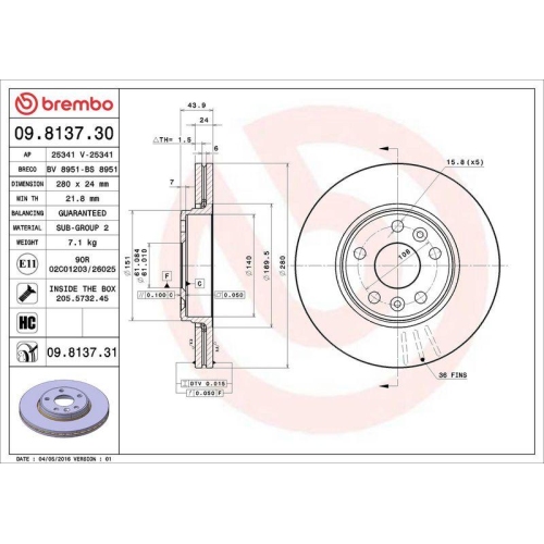 BREMBO Bremsscheibe PRIME LINE - UV Coated 09.8137.31