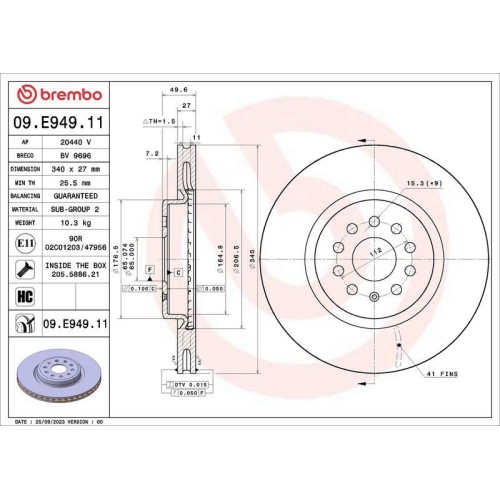 BREMBO Bremsscheibe PRIME LINE - UV Coated 09.E949.11