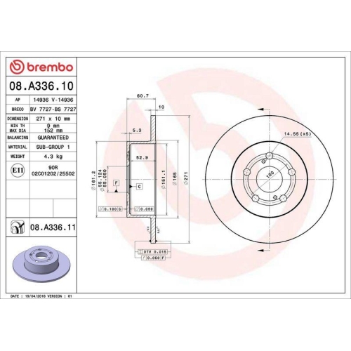 BREMBO Bremsscheibe PRIME LINE - UV Coated 08.A336.11
