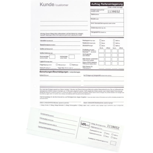 25 Formulars&auml;tze zur Einlagerung Rad-/Reifenanh&auml;nger, Format: DIN A4 - 4-Fach