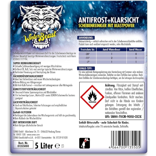 Frostschutz Winterbeast 5L AntiFrost KlarSicht Scheibenreiniger -20&deg;C Sonax