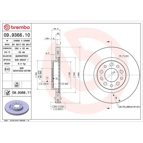 BREMBO Bremsscheibe PRIME LINE - UV Coated 09.9366.11