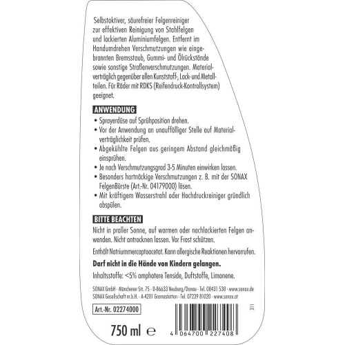 SONAX FelgenStar Felgenreiniger PET-Flasche 750 ml 02274000