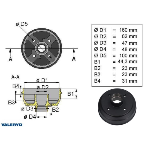 Bremstrommel 160*35 / 4x100 / passend für Knott Valeryd 1095008 Anhänger