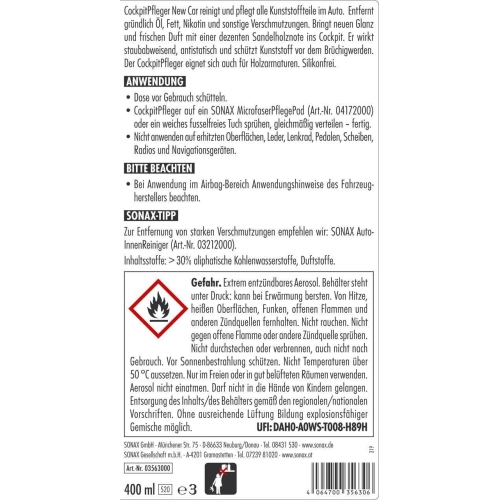 Kunststoffpflegemittel CockpitPfleger New Car SONAX 03563000 400ml Dose