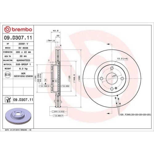 BREMBO Bremsscheibe PRIME LINE - UV Coated 09.D307.11
