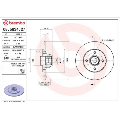BREMBO Bremsscheibe PRIME LINE - With Bearing Kit 08.5834.27