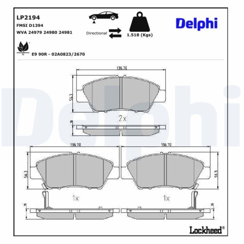 DELPHI Bremsbelagsatz, Scheibenbremse LP2194