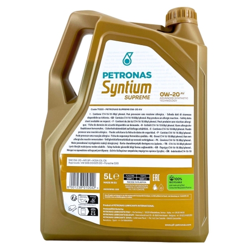 Motor&ouml;l Motoren&ouml;l Petronas Syntium Supreme AV 0W-20 5 Liter 71228M12EU