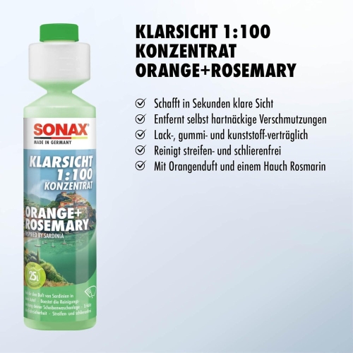 KLARSICHT 1:100 KONZENTRAT ORANGE + ROSEMARY SCHEIBENREINIGER SOMMER 250ml SONAX