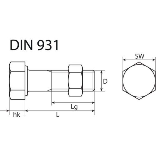 4x Gewindeschrauben 8.8 Sechskantkopf, verzinkt, DIN 931, mit Mutter VZ 14 X 120